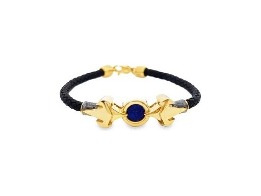Black Leather Bracelet with 18K Yellow Gold and Lapis Lazuli Centerpiece